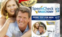 SpermCheck Vasectomy product box and a happy middle-aged couple lying on the grass